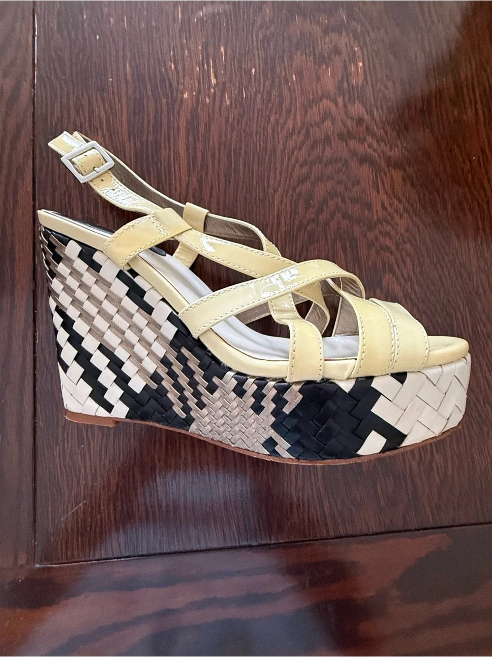 Cole Haan. Strappy Yellow Wedge Sandals with Black-and-White Woven Platform